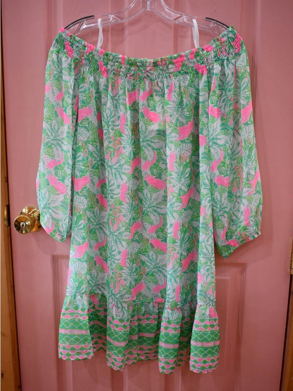 Lilly Pulitzer Pink and Green Off-Shoulder Floral Dress - Picture 3 of 6